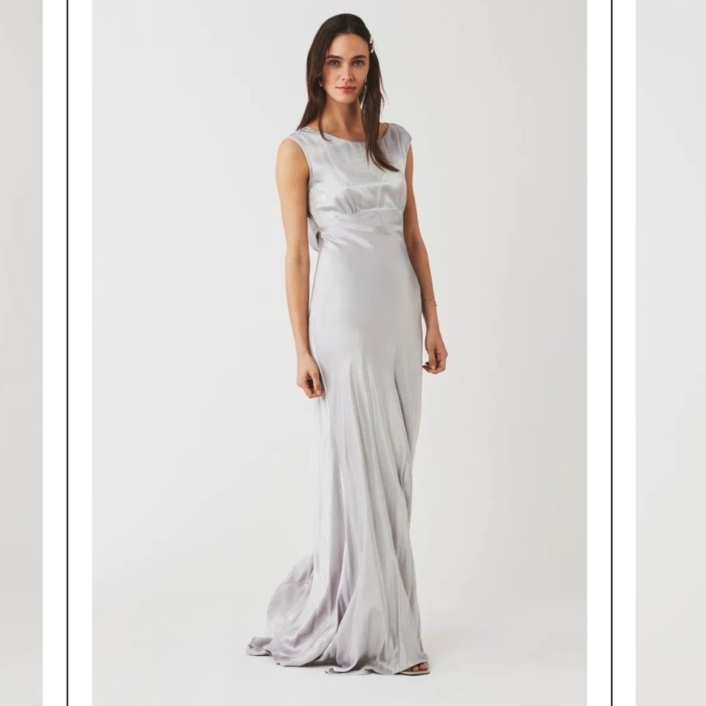 Ghost London Womens L Salma Dress Silver Satin Draped Back Maxi Gown Formal